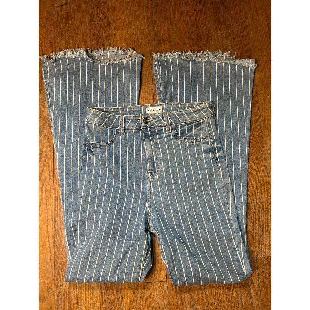Cello Pinstripe Flare Jeans High Rise Size 5 Blue White Raw Frayed Hem Stretch